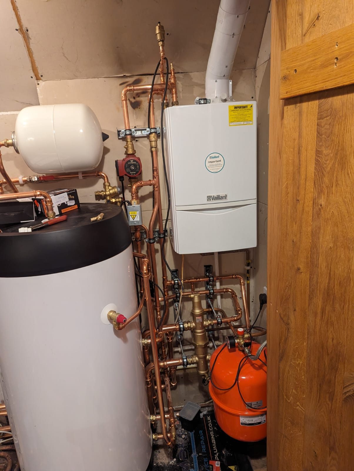 J6 boiler and hot water cylinder plant room during installation